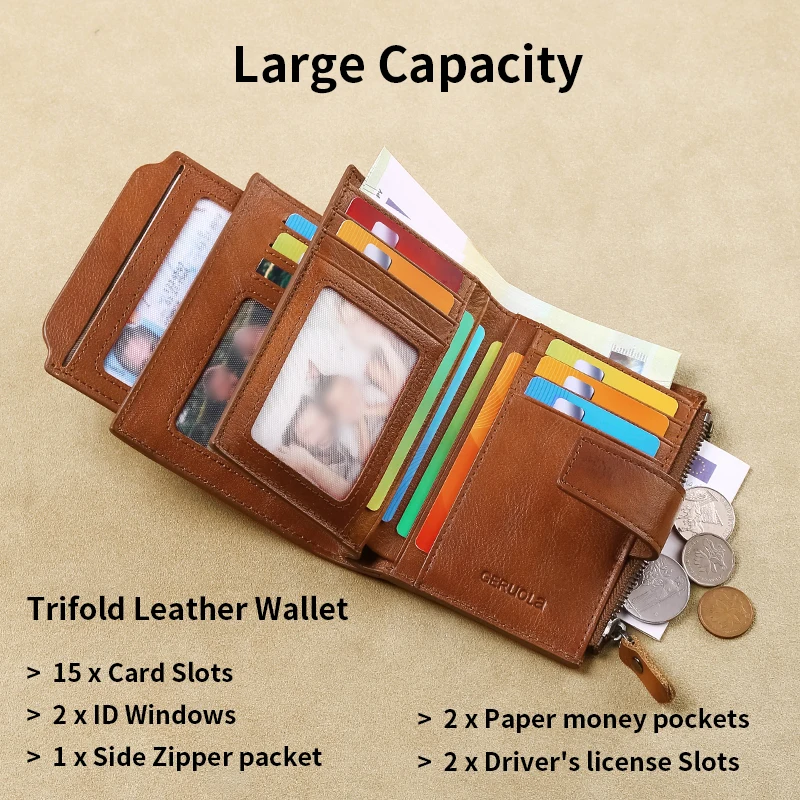 Carteira masculina de couro genuíno GERUOLA, carteira dobrável antirroubo com bloqueio RFID vintage, janela de identificação, bolso para moedas e fecho com zíper