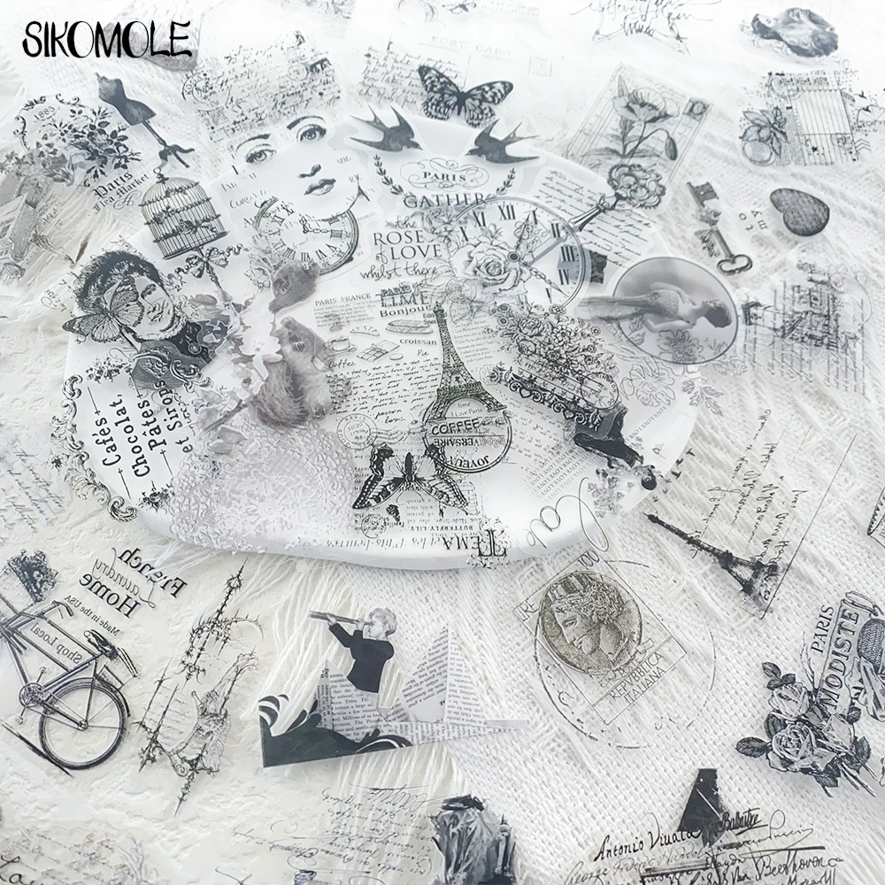 58 個ヴィンテージスタンプクリップアートステッカー PET 透明デカールおもちゃ文具ギター電話自転車ラップトップ荷物落書きステッカー