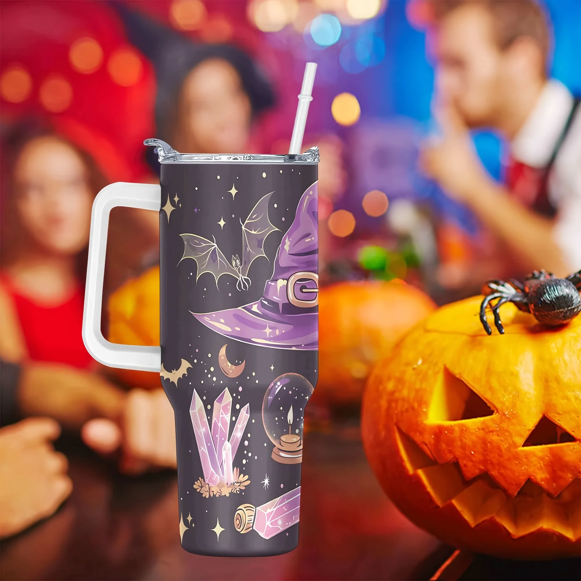 1pc, Halloween Gift, Magic Hat Print Tumbler 40oz - Stainless Steel Insulated Travel Mug with Handle, Lid, and Straw - Hand Wash Only - Reusable Pattern - Multi-Functional Non-Slip Design, Suitable for Christmas, Father's Day, and Mother's Day Gifts