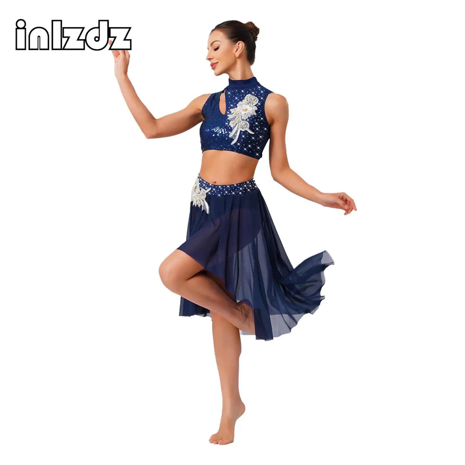 

Womens Lyrical Modern Dance Outfits Sleeveless Embroidery Applique Crop Top+Skirt Sets Gymnastics Figure Skating Dance Clothes