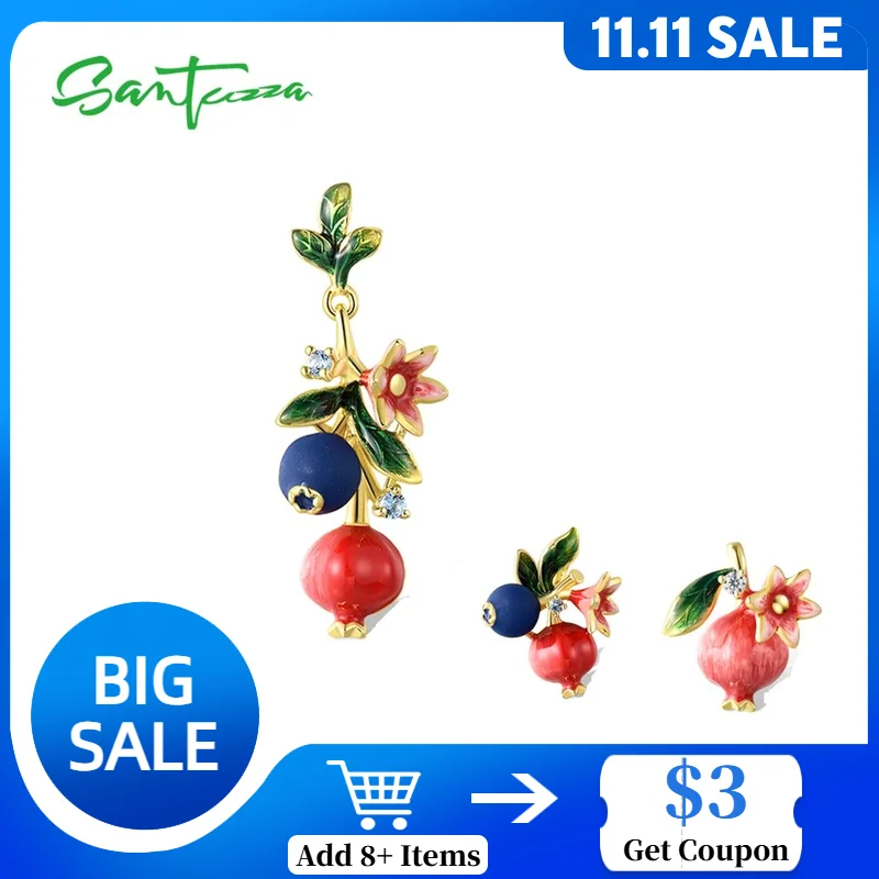 

SANTUZZA Pure 925 Sterling Silver Fruit Pendant for Women Delicate Blueberries & Pomegranate Trendy Party Fine Jewelry Enamel