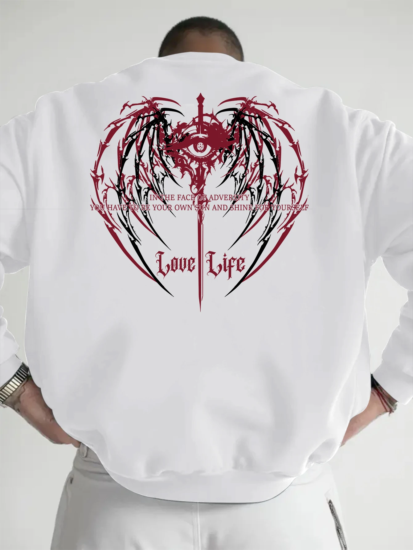 Men Oversized Crew Neck Pullover, Burgundy Thorn Heart Frame Demon Wing Sword All‑Seeing Eye