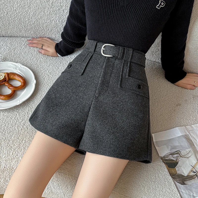 ハイウエストウールショーツ女性シックなポケットデザインルーズ秋冬カレッジヴィンテージストリートウェア女性上品なベーシックブーツパンツ