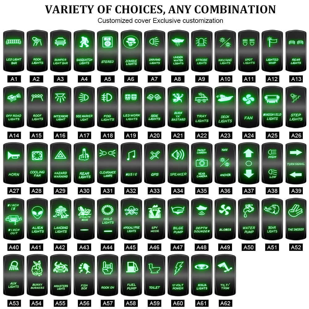 PSEQT 62 Styles Rocker Switch On-Off Green Laser Etched Waterproof 12V 20A 24V 10A  SPST/DPDT Car Boat LED Light Control