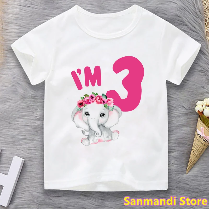 New I'M 2th/3th/4th/5th Birthday Gift Tshirt Tops for Girls Kids Clothes Cute Elephant Graphic Print T Shirt Children Clothing