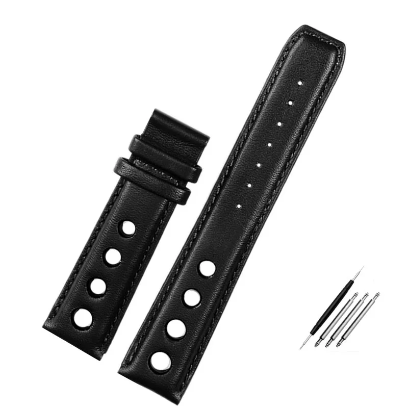 Cowhide lea/ther watch strap with hole 20mm breathable Black red yellow white lines watchband For Tissot 1853 T-Race T91 PRS516