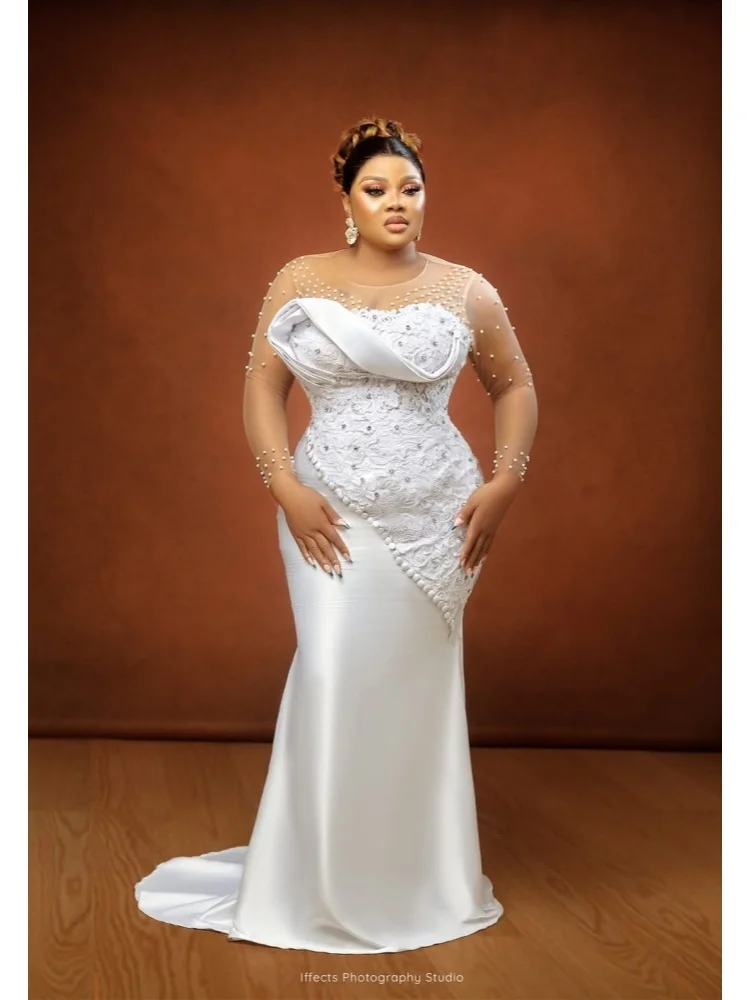 Customized White Satin Lace Mermaid Wedding Dress Sheer Pearl Long Sleeve Plus Size African Bridal Gown With Small Train