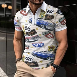 Camiseta casual listrada estampada de manga curta masculina, camisa de lapela, camisa polo respirável, verão, novo, 2024