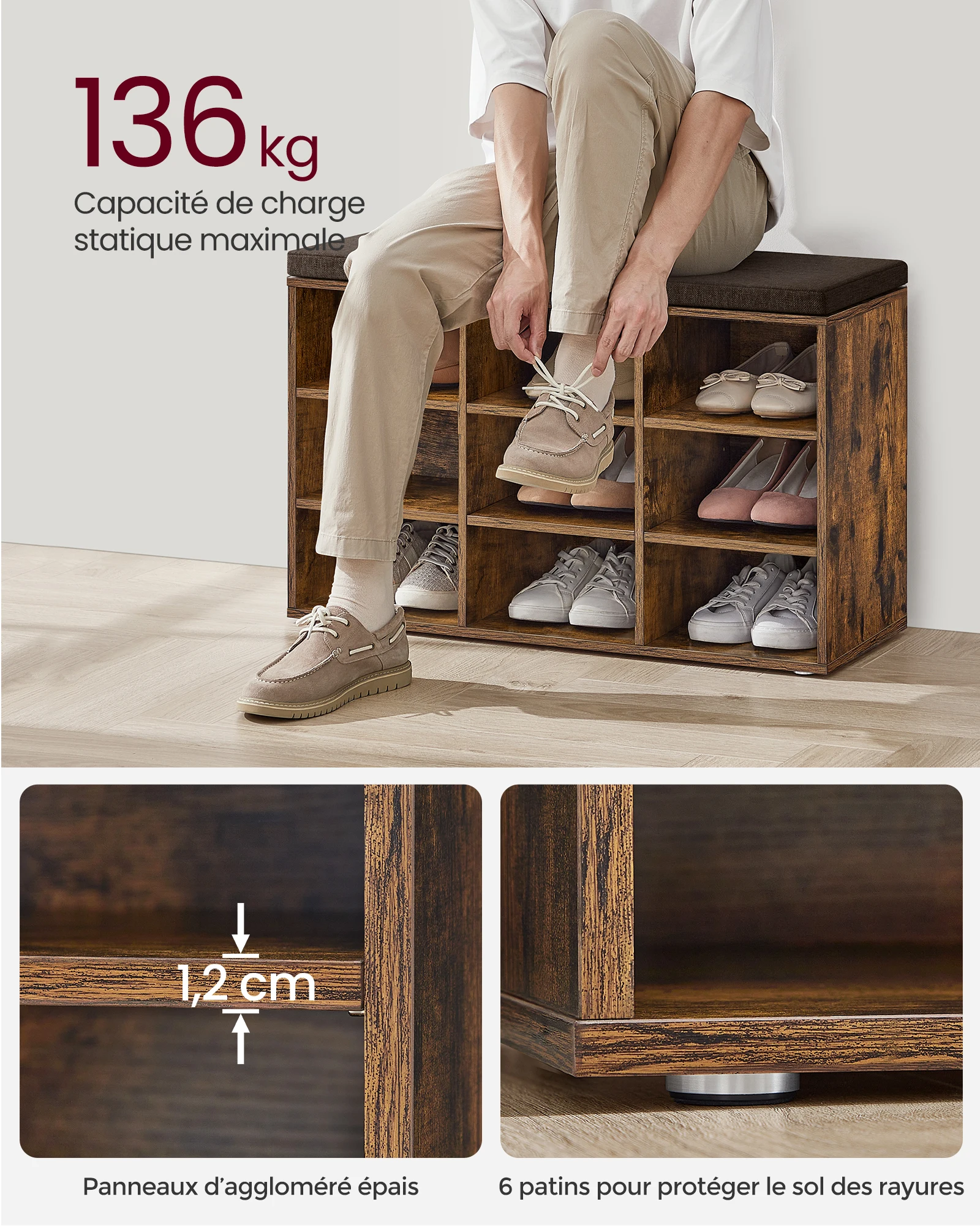 مقعد تخزين أحذية VASAGLE مع مقعد مبطن ، مع وسادة ، 9 أقسام ، أرفف قابلة للتعديل ، غرفة المعيشة ، الرواق #3