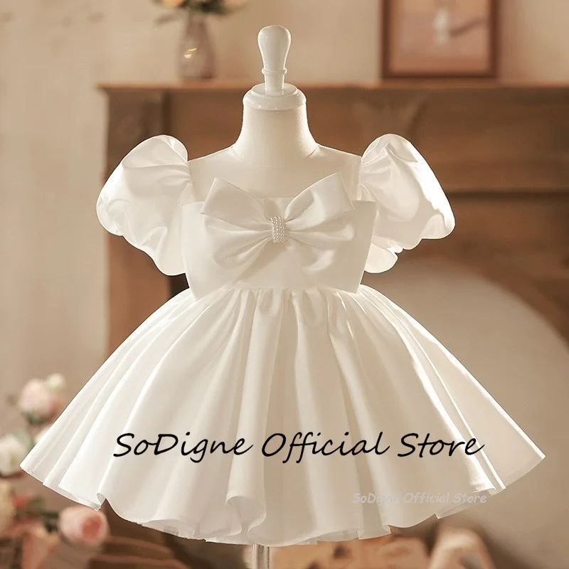 SoDigne Satin A-line Flower Girl Dress O-neck Short Sleeves Skirt Girls Party Dresses Simple Kid Gown with Bow Customized