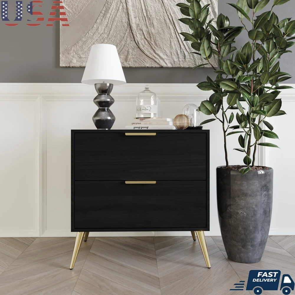 

Sleek 2 Drawer Nightstand Wooden Furniture with Gold Handles Sturdy Construction Bedroom Organizer