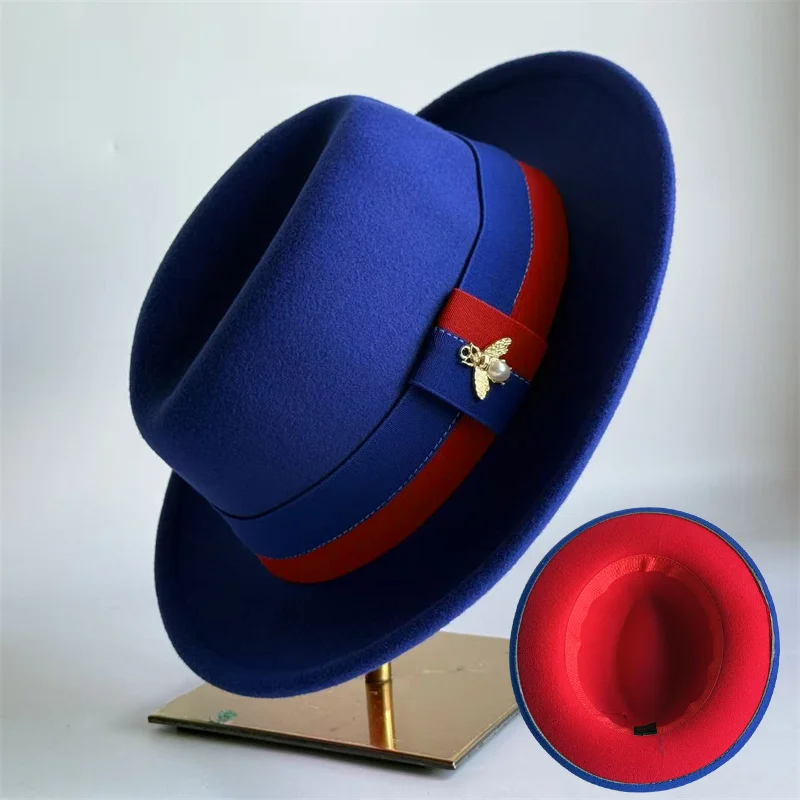 Two-tone Royal Blue Fedora Spring Hat Unisex Men's BEE Women's Curved Brim Wide Brim Sun Hat Straw Hat Beach Hat sombrero hombre