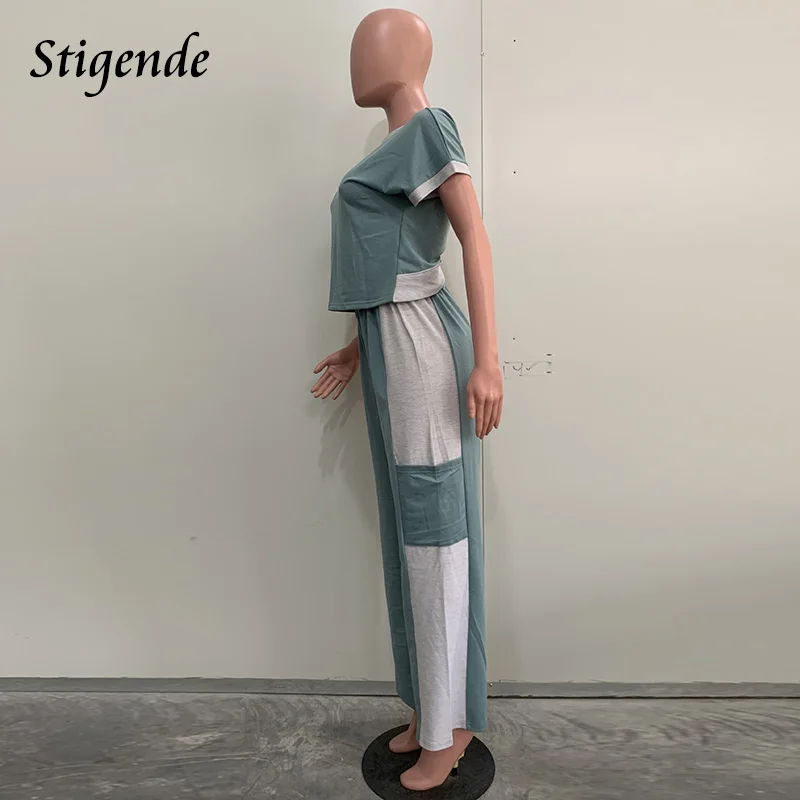 Stigende Patchwork Color Block 2 Piece Set Women Backless Crop Top and Wide Leg Pants Loose Two Piece Set