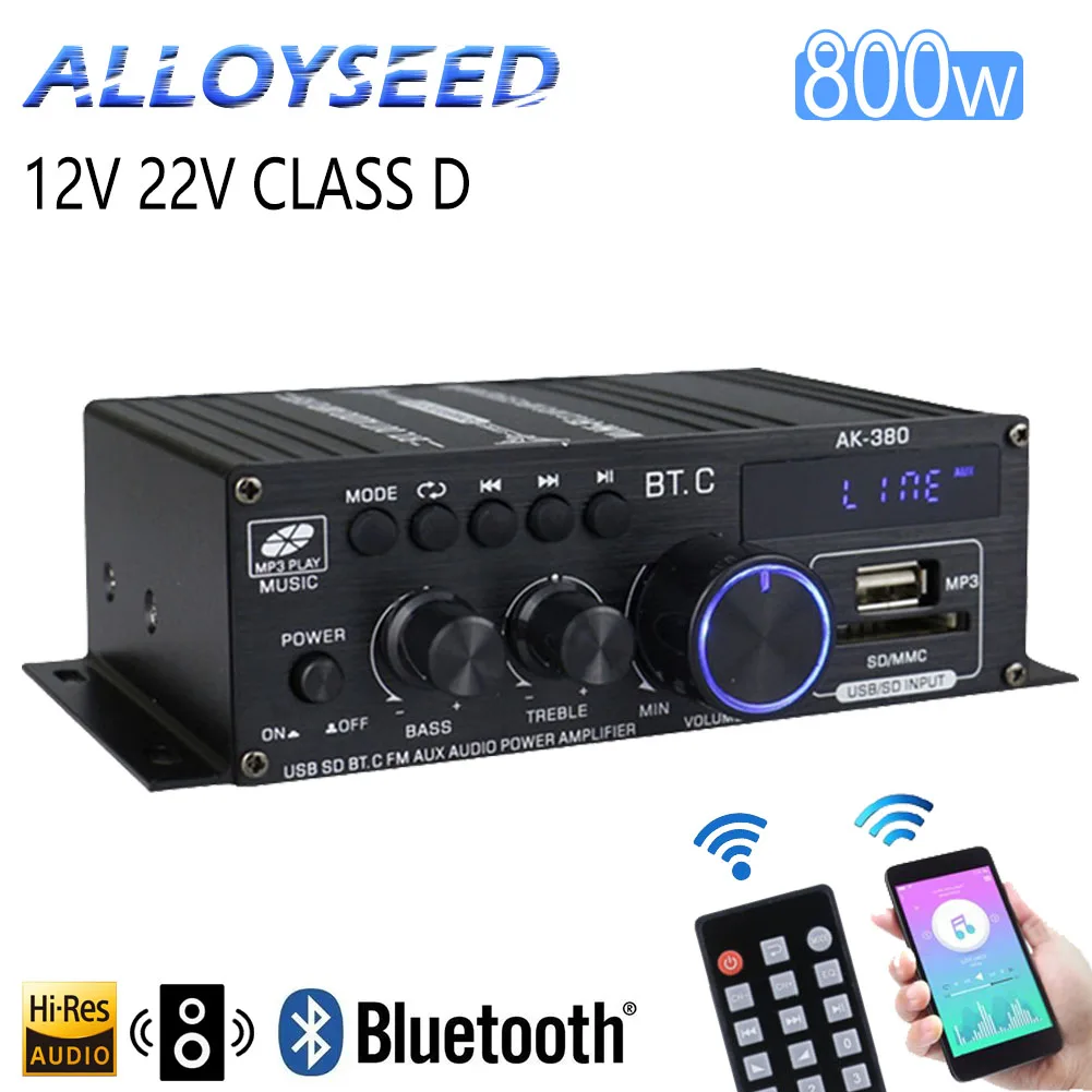 AK380/370/350 800W 12V HiFi Power Amplifier Home Karaoke Car Audio Power Amplifier Stereo BASS Speaker Class D Home Sound Amp