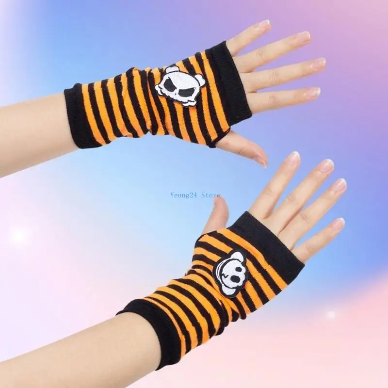 P8DB Punk Fingerless Gloves Striped Sleeve Gothic Wrist Gloves Colorful Gloves