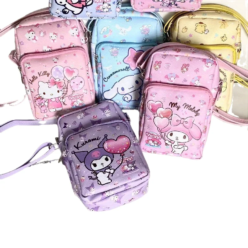 Kitty Kuromi Melody Cartoon Phone Holder Messenger Bag - Soft PU Leather, Cute Cartoon Character Pattern Durable Shoulder Bag