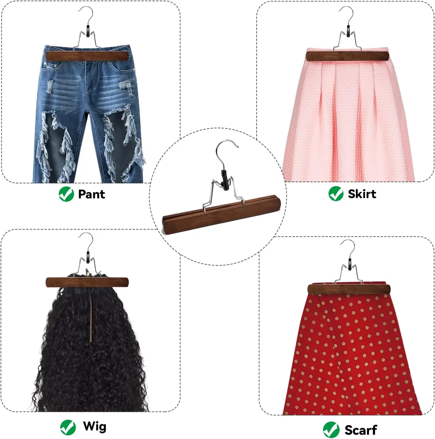 

5-30PCS Wooden Pants Skirt Hangers Smooth Solid Wood Non Slip Jeans Slack Clamp Hangers Hair Extension Hangers with Swivel Hook