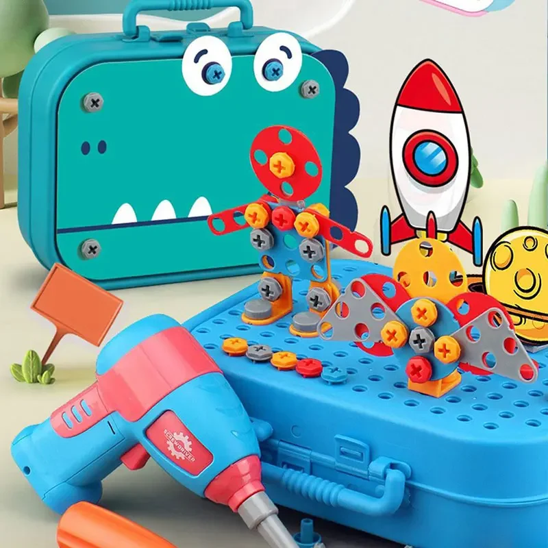 Crianças brinquedos conjunto de ferramentas broca elétrica parafuso porca 3d puzzle brinquedos fingir jogar dinossauro perfuração montagem brinquedos educativos para meninos