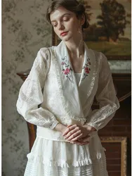 Spring Summer Fall Blouses Women Elegant Slim Cross Stitch Embroidery Handmade Beading Thin Lyocell Shirts/Blouses