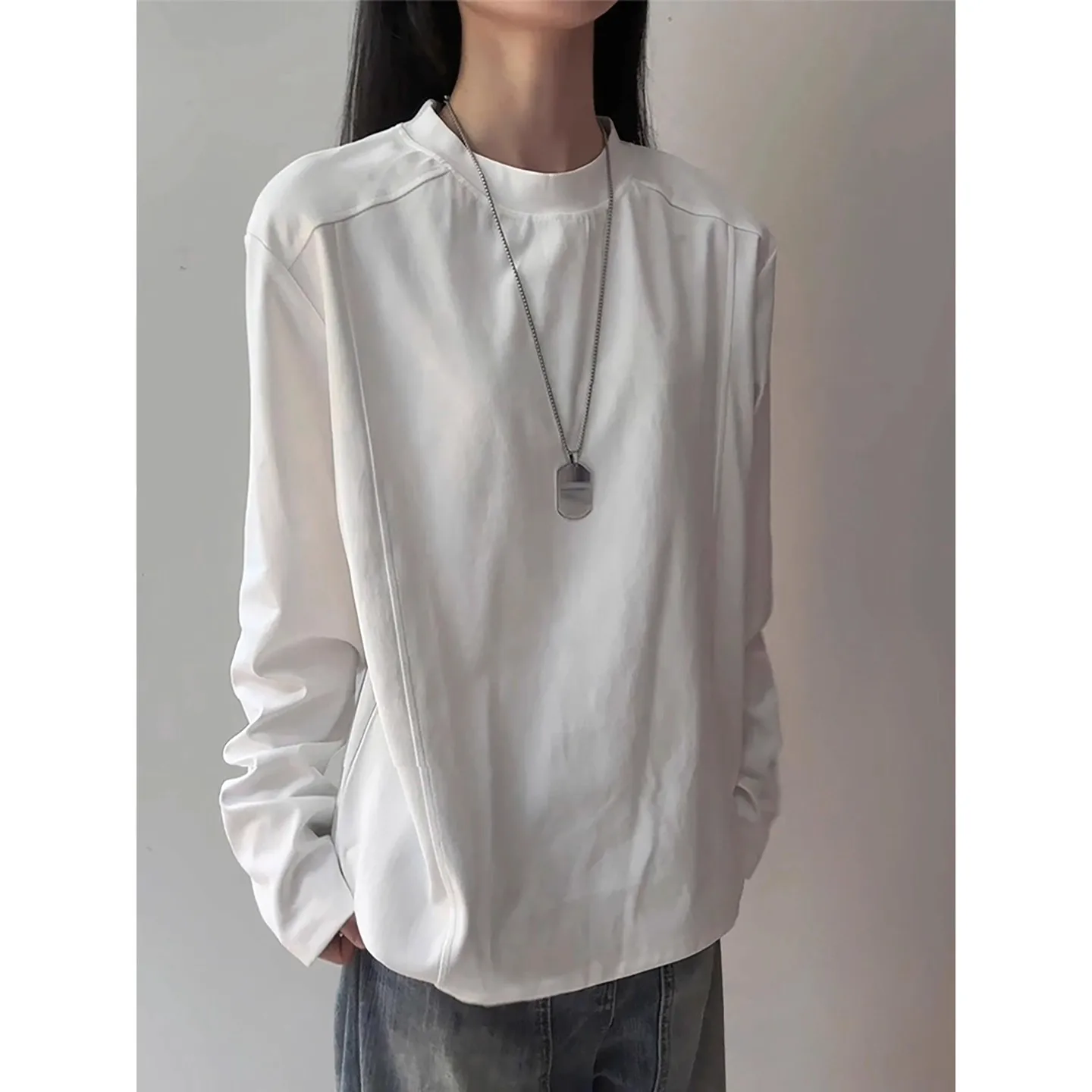 

White American Style Small Neckline Long Sleeve T-Shirt For Men, Heavyweight Autumn Winter Regular Shoulder Sweatshirt,