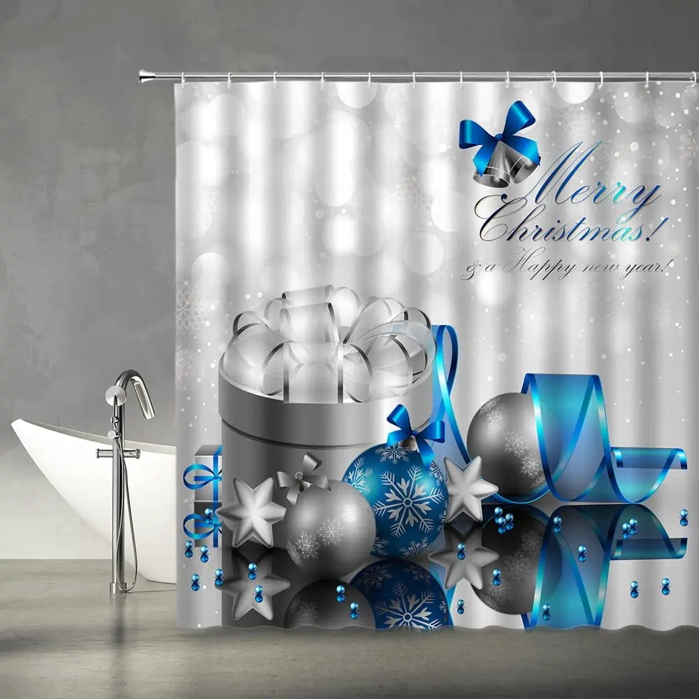 

Merry Christmas Shower Curtain Gift Box Blue Silver Xmas Ball Winter Holiday Happy Bathroom Decor with Hook Fabric Bath Curtains