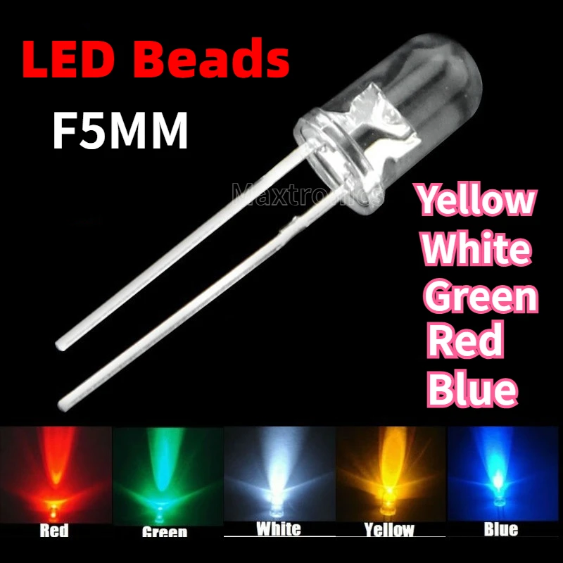 100pcs Super Bright F5mm LED Beads Bulb Emitting Diode Transparent Round Green Red White Yellow Blue Light for LED Billboard