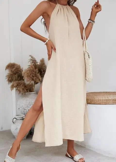 

2026 Elegant New Fashion Casual Sexy Summer Woven Backless Seaside Vacation Hanging Neck Dress Female Clothing