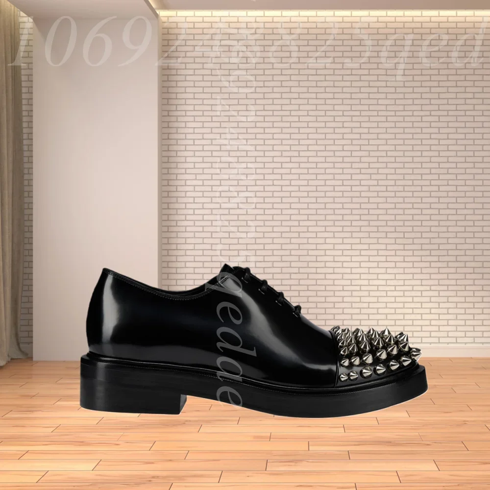Men's Black Patent Texture Spiked Studded Cap Toe Oxford Shoes, Lace Up Chunky Sole Dress Shoes with Punk Rock Style Design