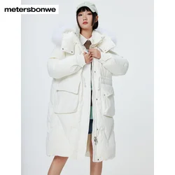 Metersbonwe-Jaqueta longa com capuz feminino, casaco grosso de inverno, casacos quentes, casacos brancos casuais, moda feminina, novo, 2023