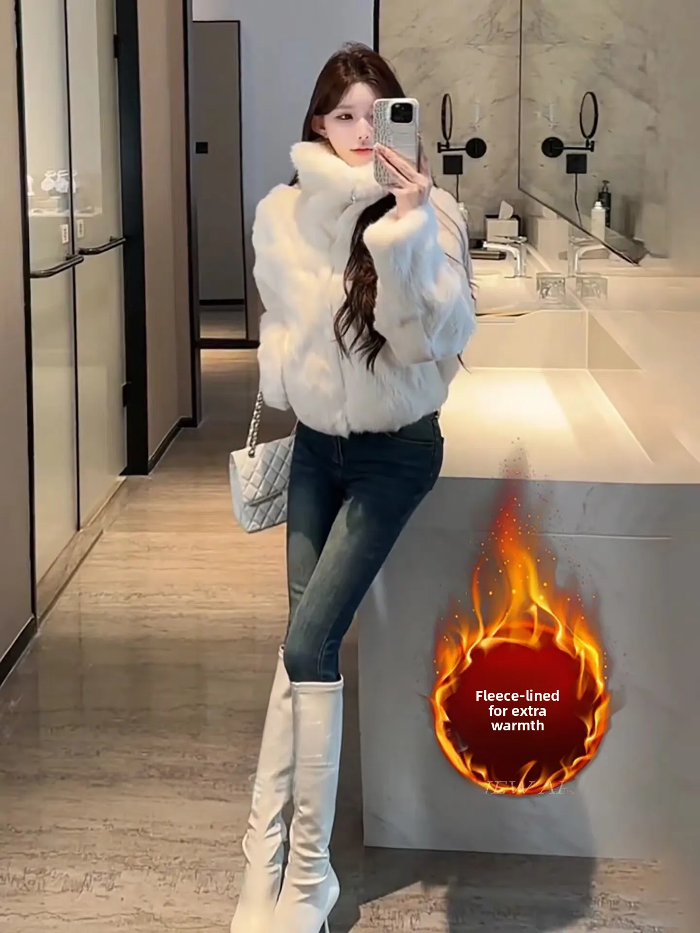 

Джинсы женские с высокой талией, на флисовой подкладке, облегающие, эластичные, с эффектом подтяжки ягодиц, универсальные, укороченные (7/8), осень-зима