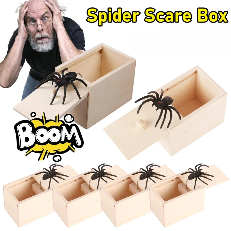 Wooden Spider Scare Box Halloween Prank Trick Toys Home Office Toys Spider Kid Parents Friend Funny Play Joke Scary Horror Toys