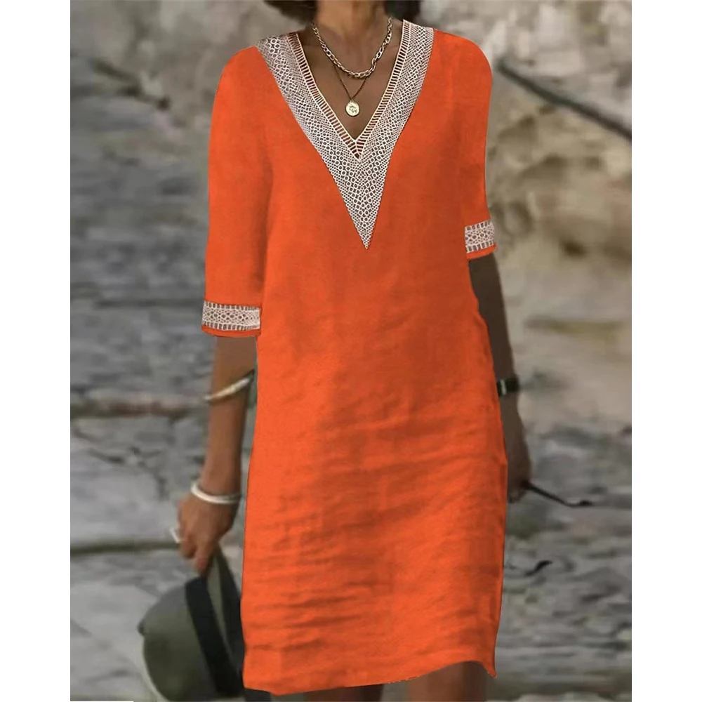 

Fashion Women Cotton Linen Half Sleeve Dress Female Casual V Neck Lace Patch Midi Dresses Lady Streetwear Outfits Vestidos