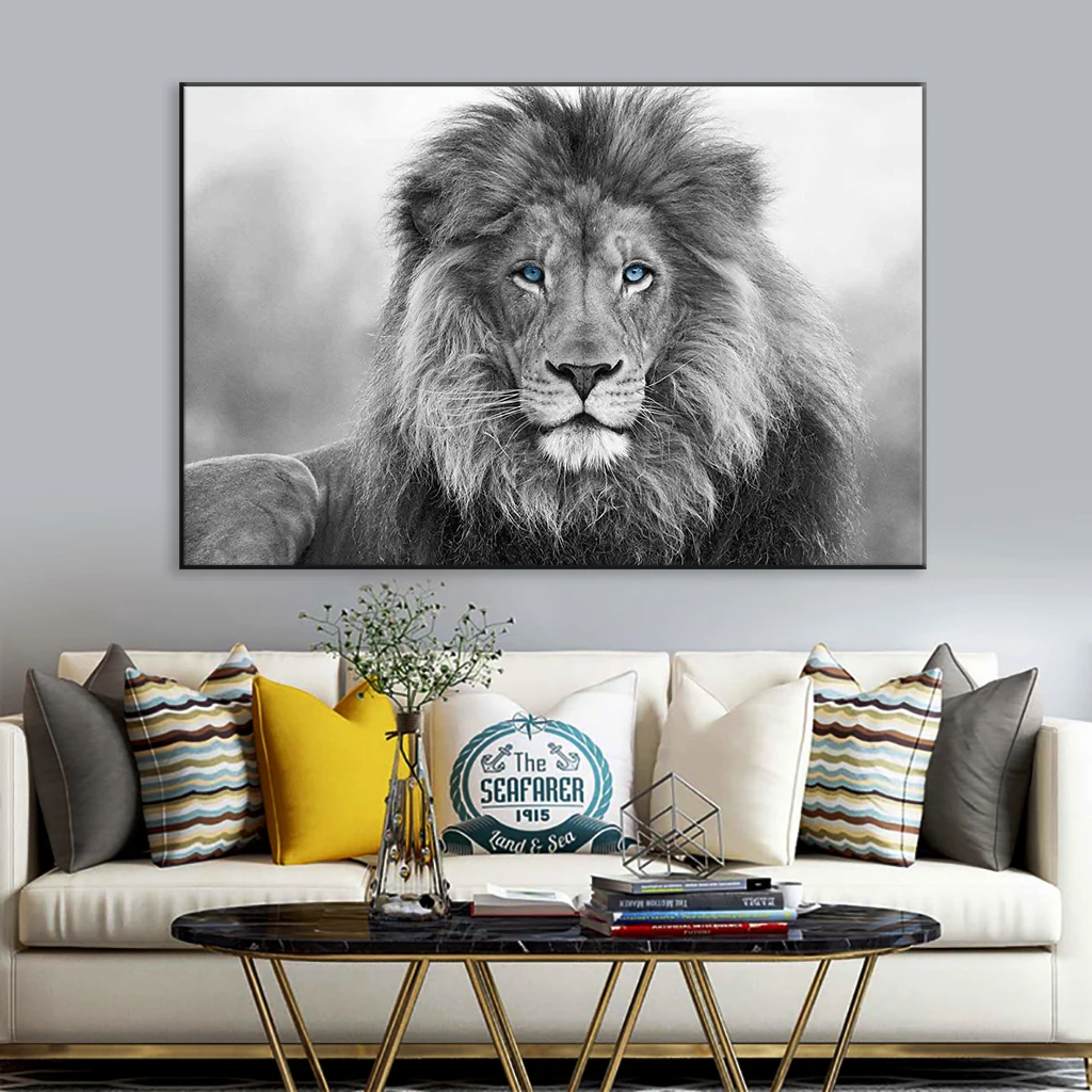 

Black And White Blue Eyes Lion Wall Art Poster Large Wild Animal Print Vintage Canvas Painting Living Room Motivational Decor