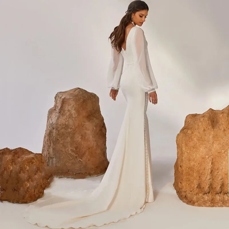 Robe de Mariée Sirène Élégante à Col en V Profond, Sexy, Manches sulfen Mousseline de Soie, avec Traîne, Dos aux, 2023