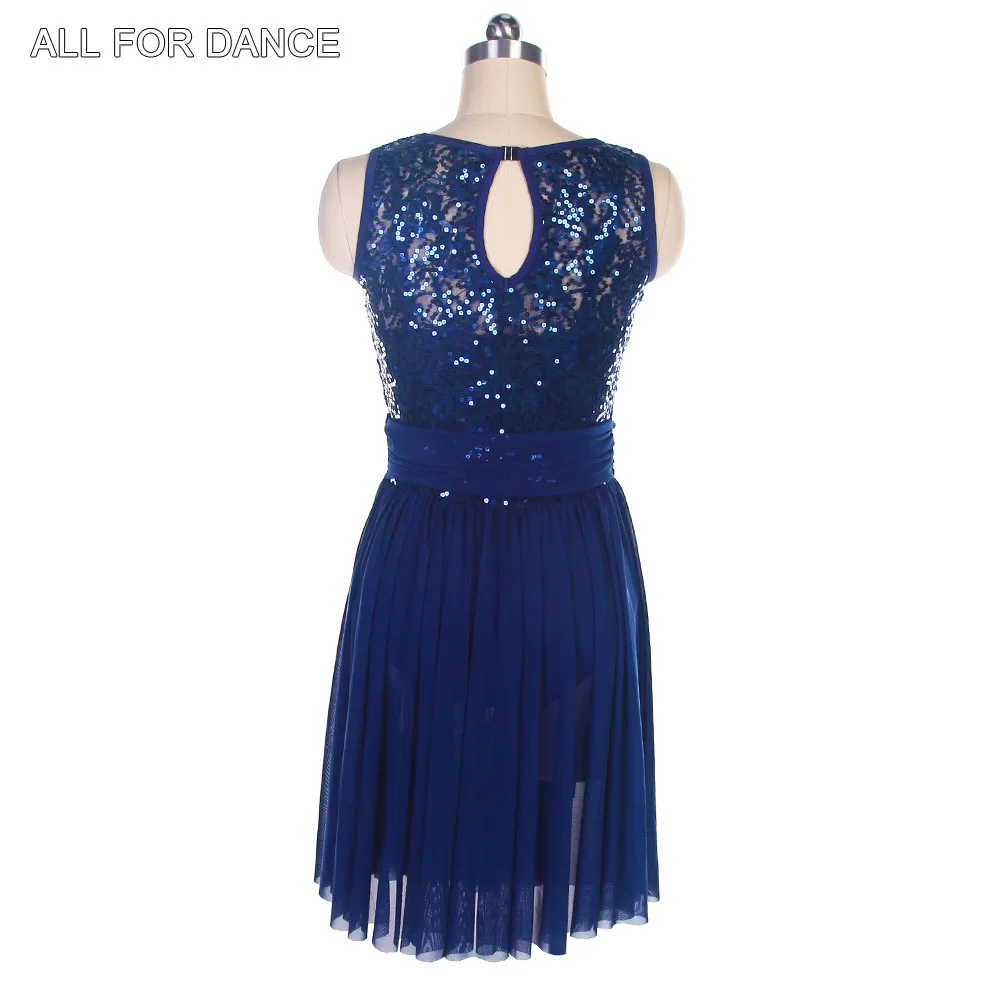 17310-ネイビーブルーのレオタードとスパンコールレースとメッシュドレス大人のバレエダンスリクリカパフォーマンスダンススカート