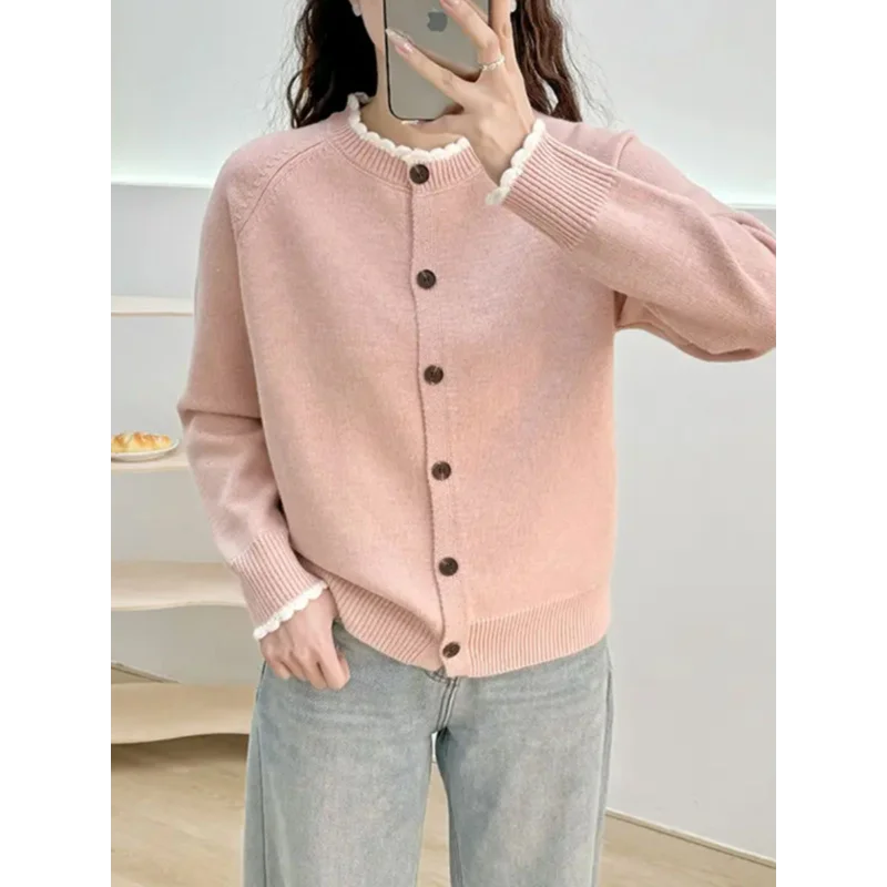 花エッジカラーブロックニットカーディガン女性の春秋の新ファッションカジュアルトップショートアウターセーターコート