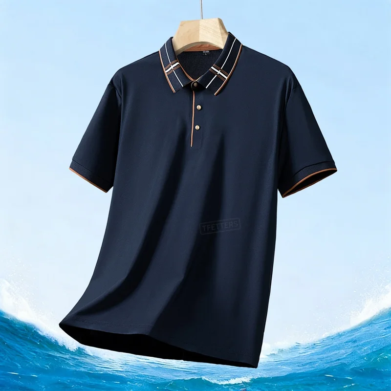 TFETTERS Summer 2026 Striped Collar Polo Shirt Men Ice Silk Cool Fabric Business Office Sporty Short Sleeve Top for Man Tees