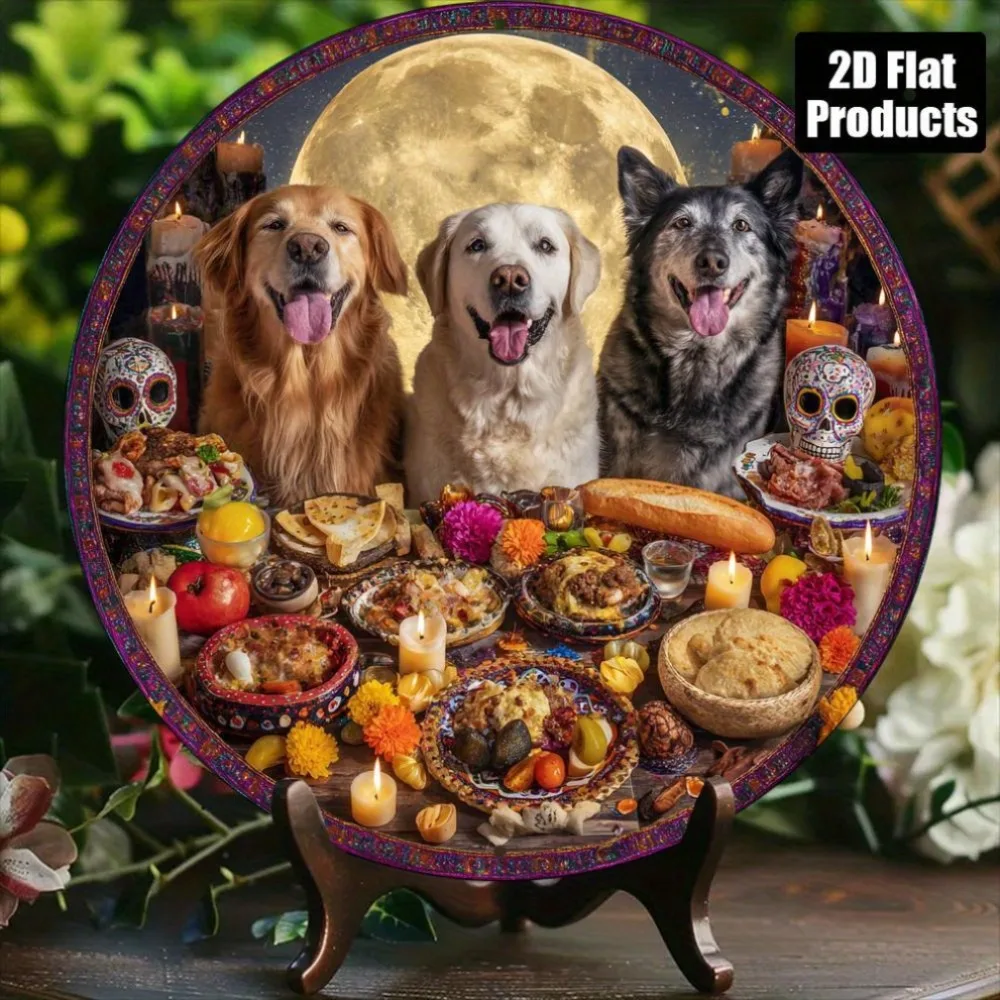 Letrero Redondo de Madera Rústico Retro 2D Plano Vintage 2026, con Diseño de Tres Perros de la Familia, Comida de Altar, para el Día de Muertos Mexicano