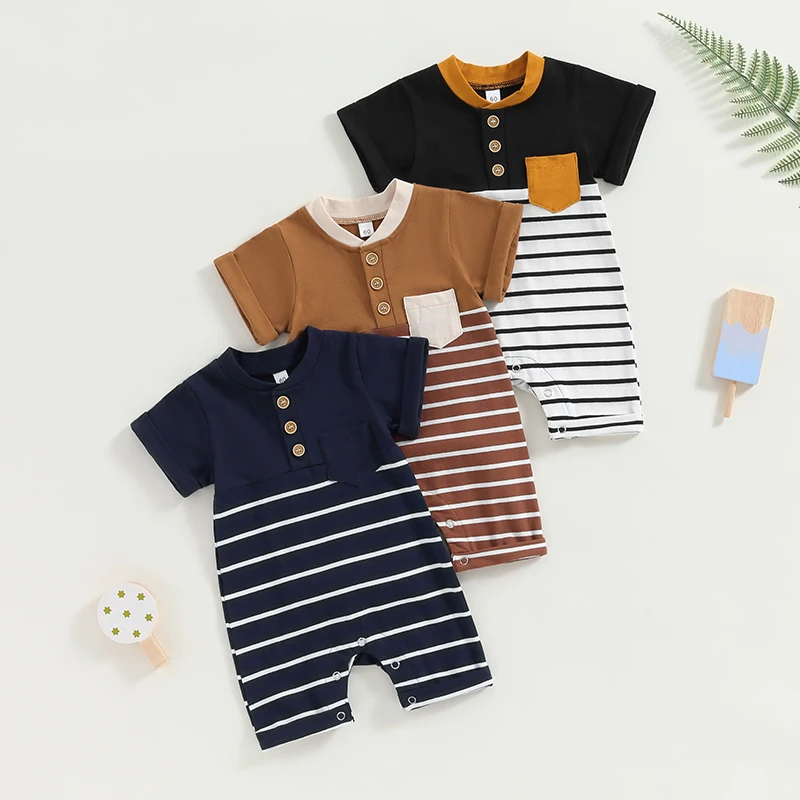 

2024-04-30 Lioraitiin 0-12M Newborn Baby Boys Summer Casual Romper Short Sleeve Crew Neck Stripe Print Button Jumpsuit