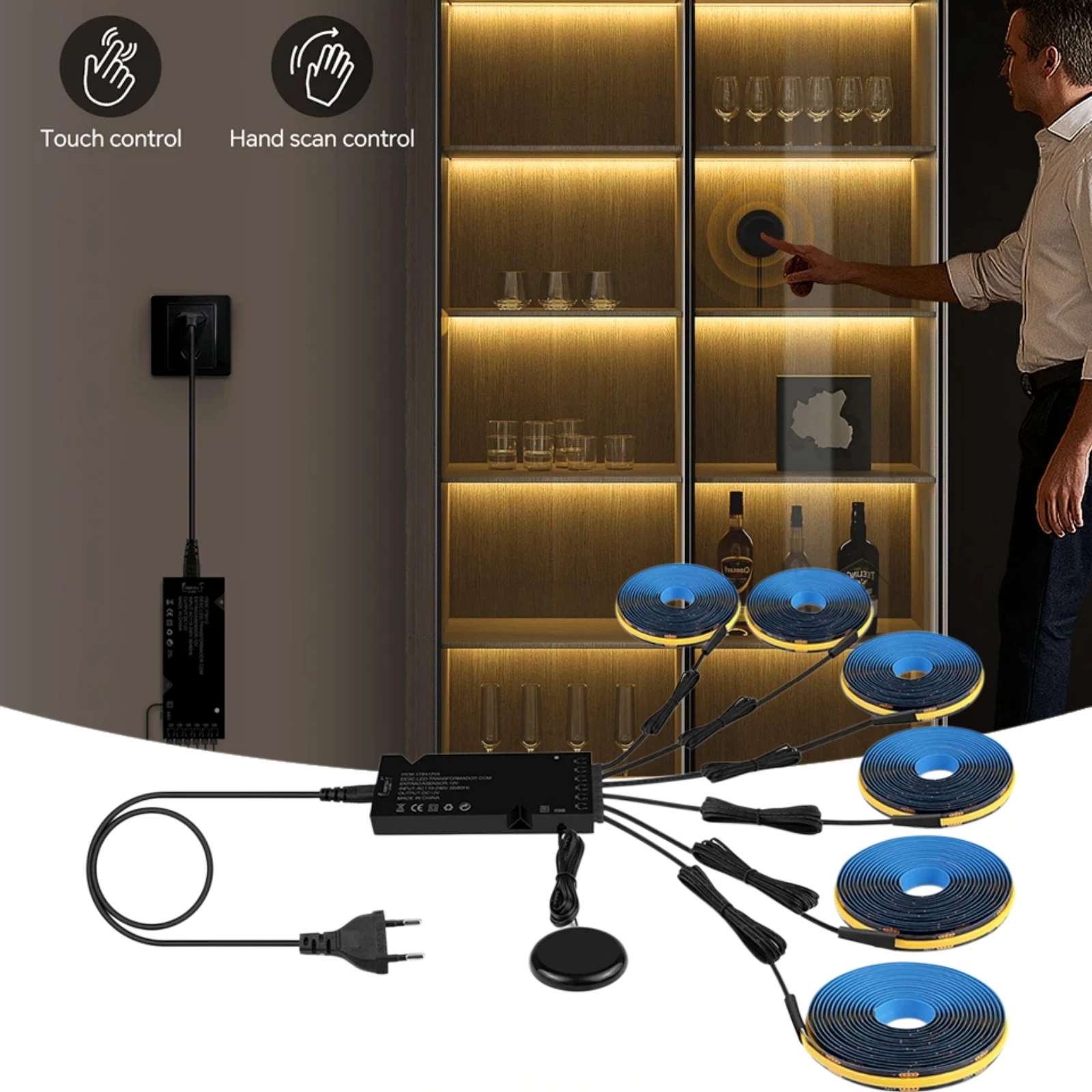 

Светодиодная лента COB 12В для шкафов с черной печатной платой, сенсорным диммером и управлением по касанию для работы с деревом/стеклом, 3000K-6500K