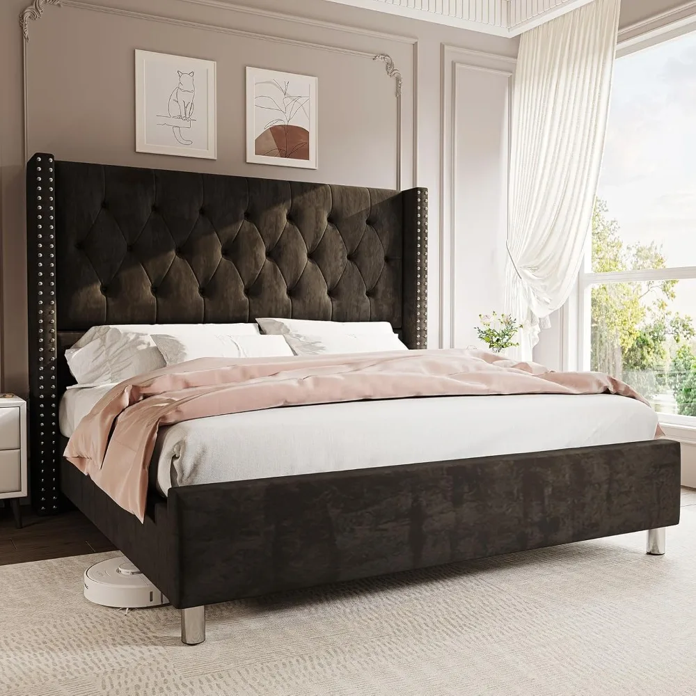 

Queen Bed Frame Upholstered Bed Wingback Headboard Velvet Tufted Diamond Button/No Box Spring Needed/Easy Assembly/Bla