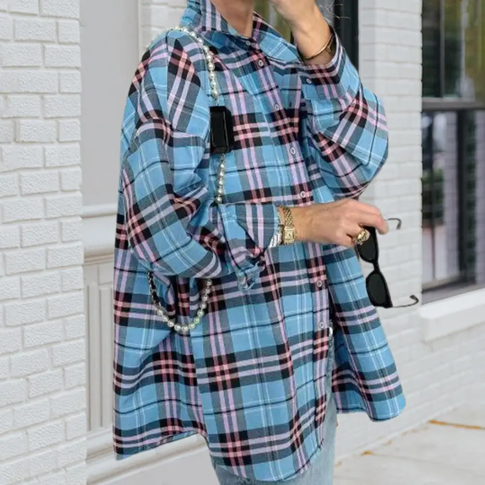 

Женская рубашка в клетку, женская рубашка с длинным рукавом в клетку, с воротником-лацканом, карманом с клапаном, блузка средней длины, свободного кроя для повседневной носки