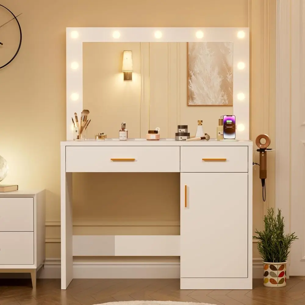 LED-verlicht make-up-ijdelheidsbureau met opbergruimte, instelbare helderheid, 3 verlichtingsmodi, witte kaptafel voor dames- en meisjesbed