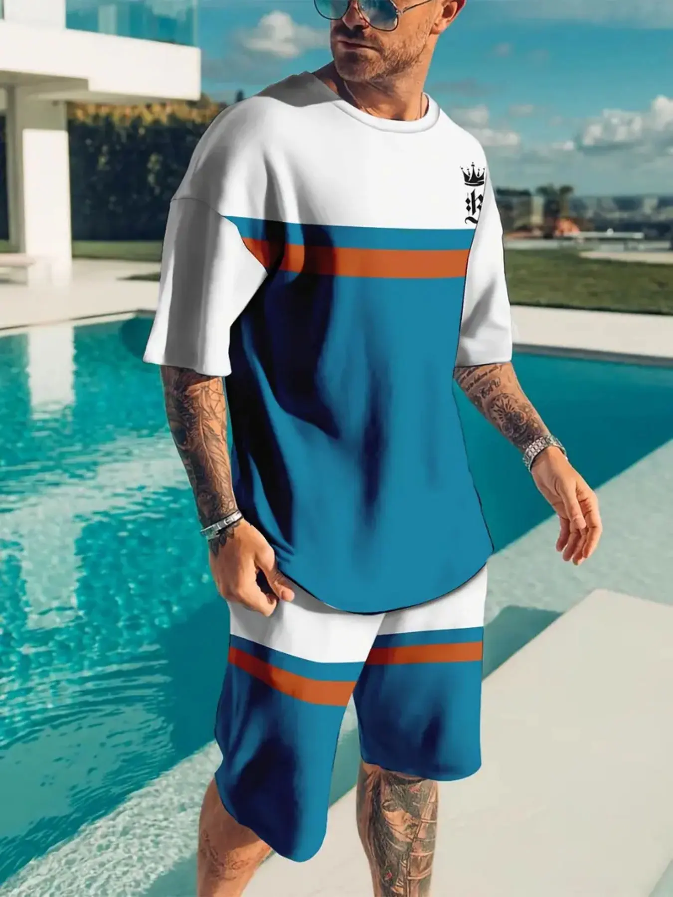 

Casual Men's T-shirt Clothing Fashion Colorblock Round Neck T-shirt Shorts Street Men's Short Sleeve Top Breathable Suit