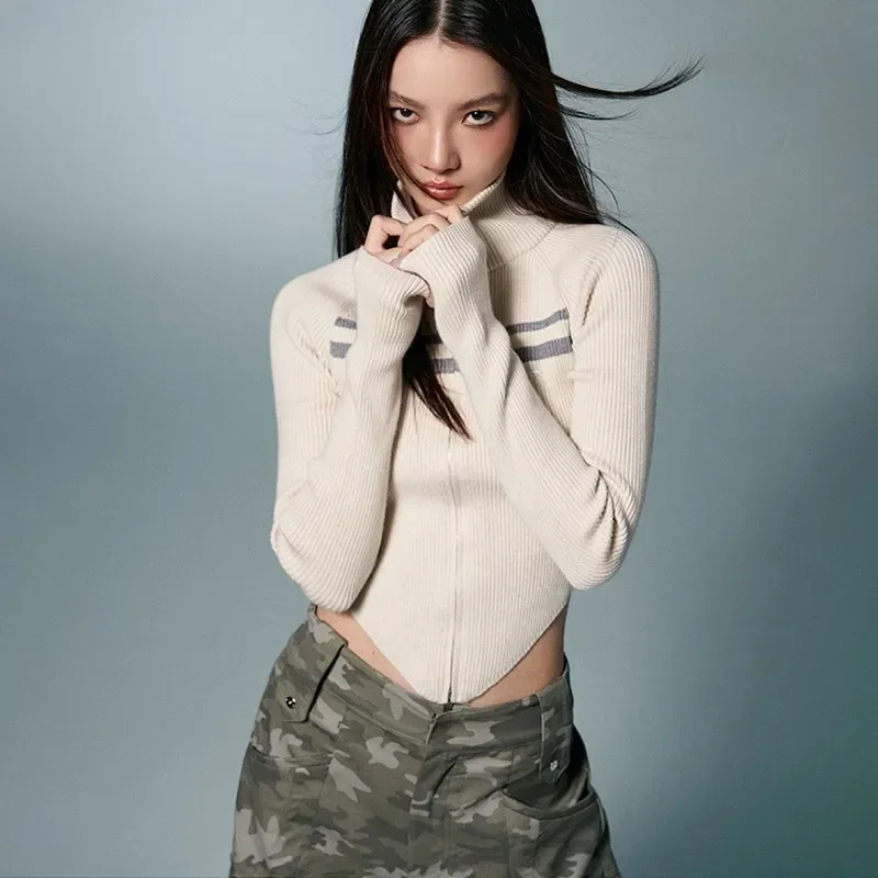 Cárdigans irregulares de estética Grunge, jerséis acanalados con espalda descubierta Vintage, prendas de punto de cuello alto Punk, moda coreana