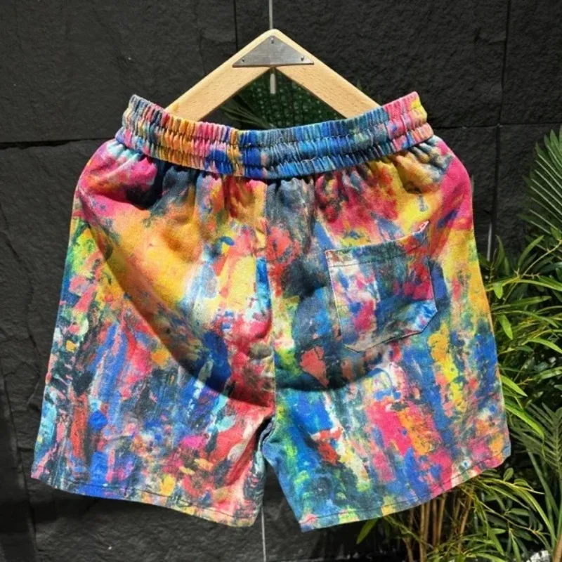 

Популярные пляжные шорты унисекс цвета радуги с геометрическим рисунком тай-дай, брюки с рисунком граффити, красочные прямые широкие брюки, брюки
