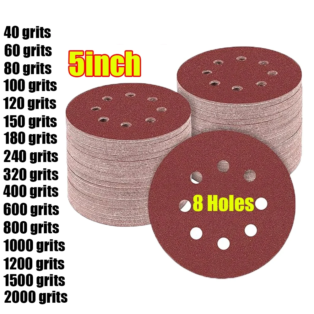 1-150 Stück 8-Loch 5-Zoll Schleifscheiben 125mm Runde Schleifpapier 40-2000 Körnung Schleifpapier Holz-Jade-Schleifscheibe Abrasives Polierwerkzeug
