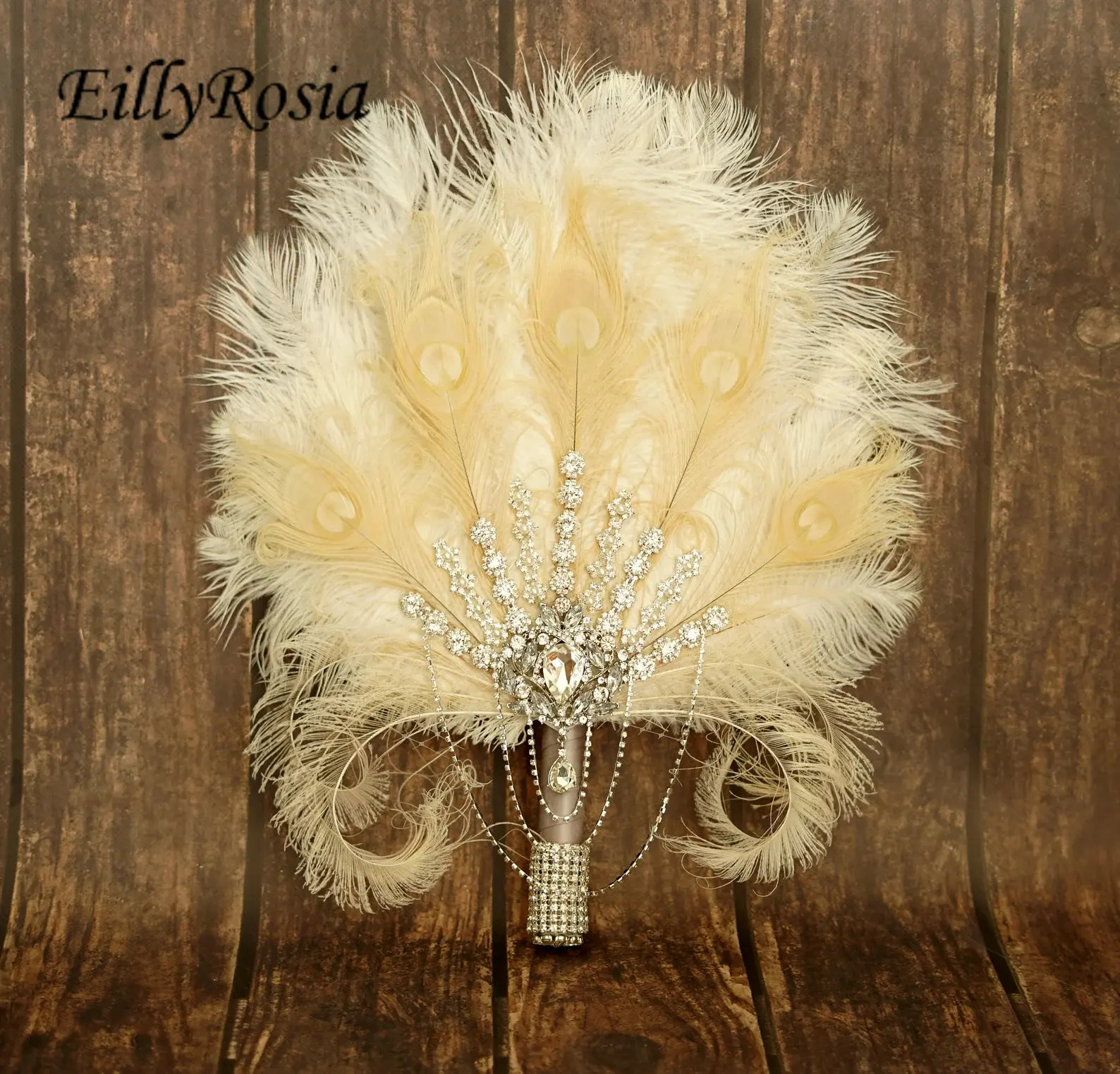 

EillyRosia Feather Fan Gatsby Brooch Bouquet 1920s Wedding Ostrich Feather Bouquet Alternative Bridal Fan Wedding Flapper Brides