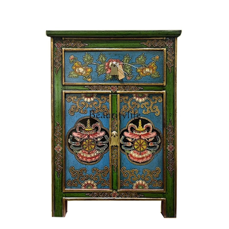 Bedside table Solid wood hand-painted Chinese antique painted storage cabinet Tibetan furniture product image