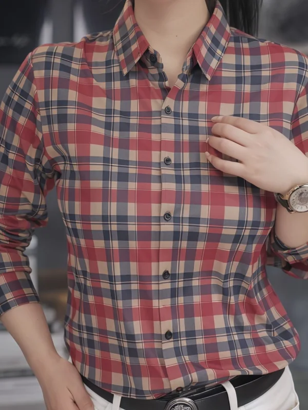 

2025 New Men's Fashionable Casual Long Sleeve Plaid Shirt Stand Collar Versatile Quality Top Polyester Spandex Blend Breathable